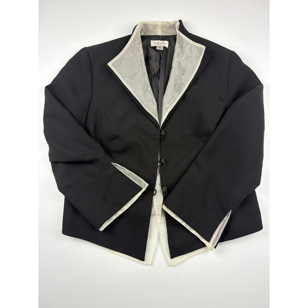 Vintage‎ Isabella Womens Black Blazer White Trim Organza Lapel Size 18W